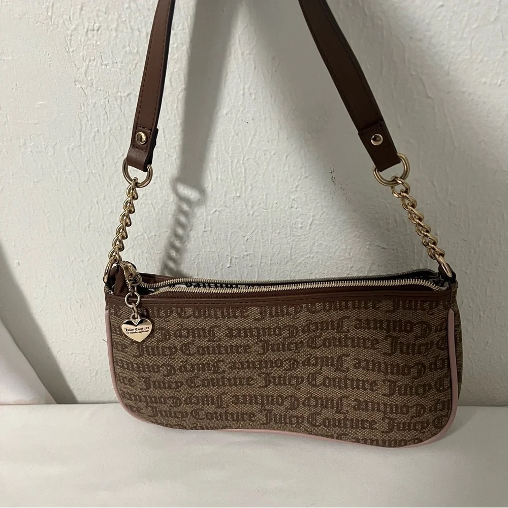 Juicy Couture Women Shoulder Bag Purse Chestnut/Pink Gold Dangle All Over Print